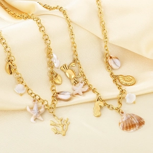 18K gold plated ocean series necklace with starfish, shell and coral charms on silk