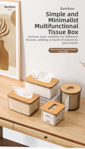 Transparent tissue box set with bamboo lids in various geometric shapes for home decor