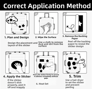 Six-step guide for applying waterproof punk graffiti stickers on a suitcase surface