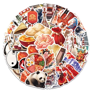 Macro shot of 50 vintage Chinese stickers featuring panda, lanterns, and lion dance patterns