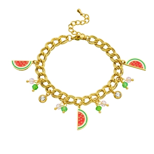 Summer watermelon charm bracelet with gold-plated stainless steel chain and colorful beads