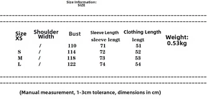 Size chart for high collar cropped trench coat with detailed shoulder and length measurements