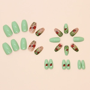 Ladybug and grass floral print artificial nails set in light green and nude pink colors