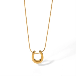 18K gold plated stainless steel U-shaped pendant necklace with sleek snake chain on white background