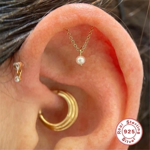 S925 sterling silver tassel pearl double chain earring worn on ear cartilage
