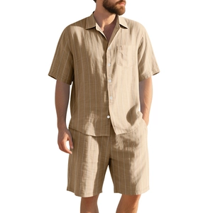 Men's summer linen striped set with short sleeve shirt and beach shorts in khaki