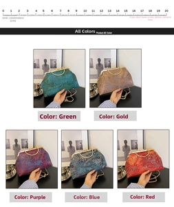 Retro kiss-lock handbags in five colors with peacock feather patterns and chain straps