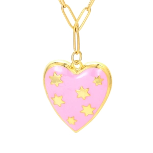 Pink heart pendant necklace with gold stars and minimalist paperclip chain for women