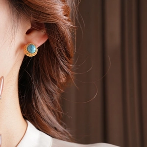 18k gold plated turquoise stud earring with vintage hollow metal base on female model