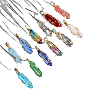 Handcrafted hexagonal crystal column pendants wrapped in gold wire with assorted colors