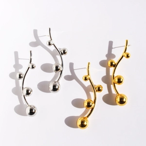 Minimalist Brass Wave Stud Earrings With 925 Sterling Silver Post Geometric Polished Sphere Statement Jewelry For Women