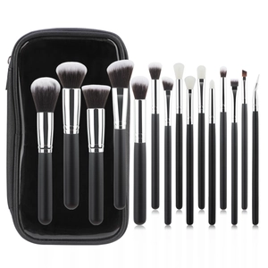 15-piece professional makeup brush set with black matte handles and zipper travel case