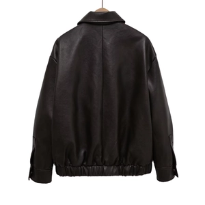 Veste oversize en similicuir marron foncé avec ourlet côtelé et vue détaillée sur le dos