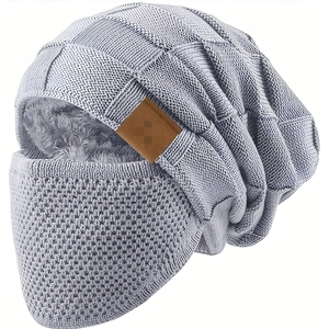 Winter light blue knit balaclava with warm fleece lining and classic plaid texture