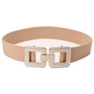 Khaki elastic wide waist belt for women with interlocking gold rhinestone buckle