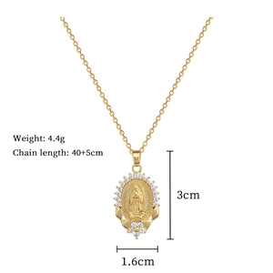 Detailed view of gold Virgin Mary portrait pendant with size and weight dimensions