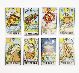 Detailed retro American food-themed oracle cards with vibrant hand-drawn illustrations