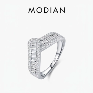 V Shaped 925 Sterling Silver Ring Baguette And Round Cubic Zirconia Inlaid Irregular Lines Elegant Jewelry For Women