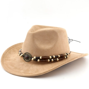 Khaki Western cowboy felt hat with bohemian beaded band and turquoise accent