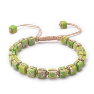 Detailed close-up of bohemian square emperor stone beads on hand-woven adjustable cord