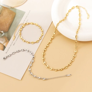 Collier Et Bracelet Maille Grain De Café Plaqué Or 18K Acier Titane Chaîne Minimaliste Bijoux Pour Femmes