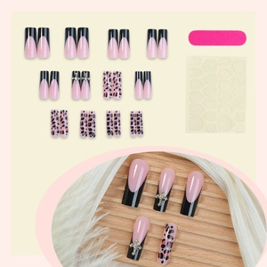 French tip leopard print long coffin press-on nails set with cross rhinestones and glue