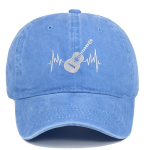 Sky blue washed cotton baseball cap featuring white guitar heartbeat embroidery