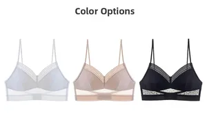 U-back deep plunge bra color options in white, nude, and black with mesh detail