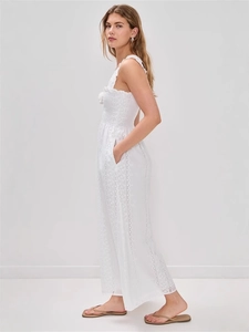 Elegant white lace embroidery sleeveless jumpsuit with wide legs and hollow out details