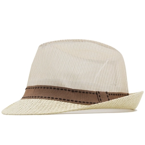 Unisex mesh woven straw fedora hat with brown ribbon trim for summer beach sun protection