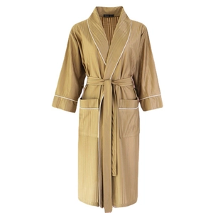 Elegant khaki gold striped bathrobe with white piping and belt for men and women