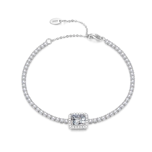 S925 sterling silver tennis bracelet with emerald cut center stone and halo setting