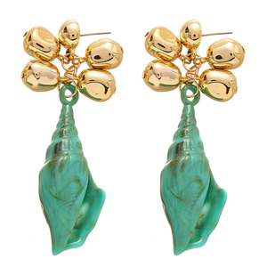 Chic gold irregular beads and teal acrylic conch drop earrings for women