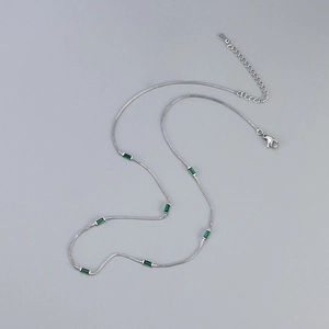 Elegant silver thin chain necklace with rectangular green emerald zircons for women