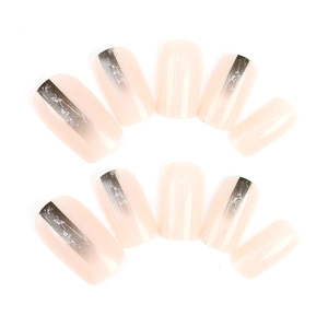 Pink gradient glitter press on nails set with silver foil texture on 10 piece kit