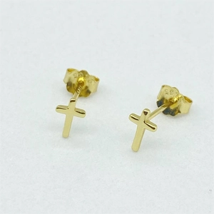 Close-up of golden S925 sterling silver cross stud earrings with hallmark detail