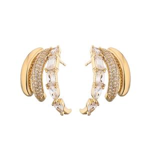 Three-layer gold-plated C-shaped earrings with CZ stones and hollow layered design