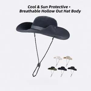 Wide Brim Sun Bucket Hat For Men Outdoor Fishing Hiking Breathable Mesh Hollow UV Protection Windproof Rope