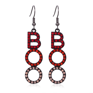 Halloween drop earrings with black BOO lettering and sparkling red rhinestones