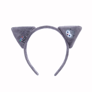 Cute grey plush cat ear headband featuring cartoon prints and soft texture on white background