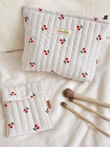 Quilted cherry print toiletry bag set with large makeup pouch and mini storage bag