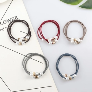 Lot de cinq chouchous perlés haute élasticité en marron, rouge, gris et marine