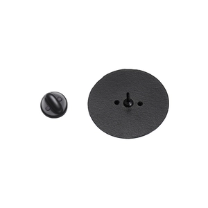Detail view of matte black rubber clutch and butterfly pin backing for metal brooches