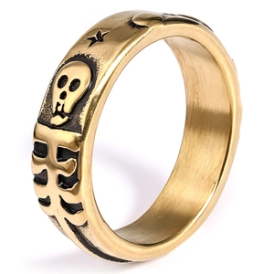 Gothic punk gold skull ring featuring a detailed bone rib texture wrap for men