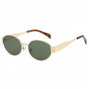 Retro oval metal sunglasses with green lenses and tortoiseshell tips on a white background