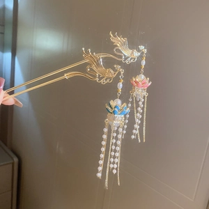 Épingle à cheveux phénix lumineux et lotus avec pampilles de perles élégantes