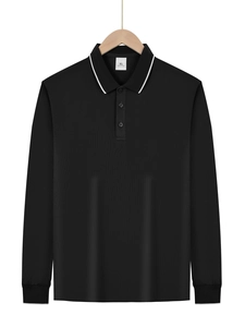 Detail of black long-sleeve business polo shirt with collar on wooden hanger