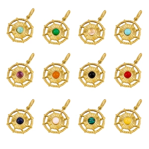 Vintage Round Stainless Steel Pendant Charms Natural Stone Inlay Sunburst Compass DIY Jewelry Making Accessories Gold