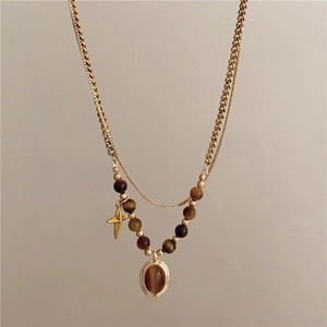 Double-layer stainless steel necklace featuring tiger eye beads and a star cross pendant