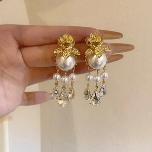 Boucles Oreilles Pendantes Fleur Rose Vintage Avec Künstliche Perle Imitation Longue Frange Cristal Goutte Eau Plaqué Or Tige En Argent